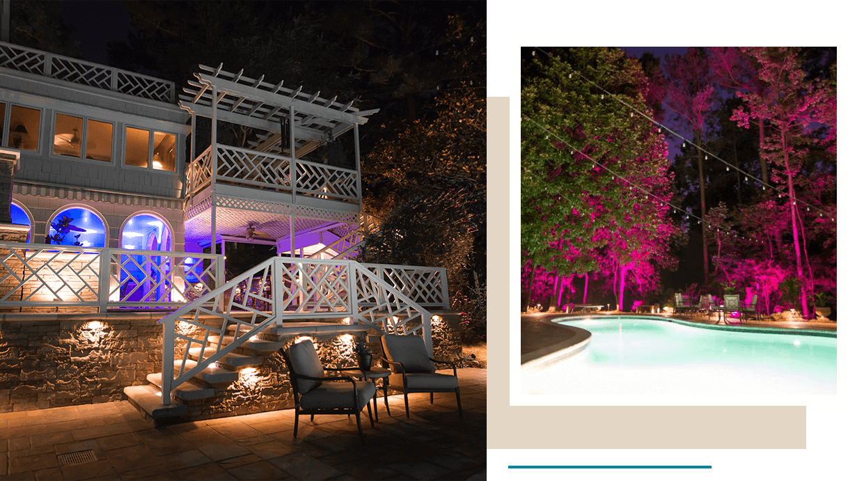 stunning-outdoor-lighting Photo of multi-level house with colorful automated outdoor lighting.